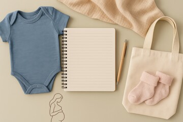 Cozy baby essentials displayed aesthetically including a soft blue onesie, a blank notebook for notes, a sleek pen, and adorable pink booties symbolizing new beginnings in a nurturing environment