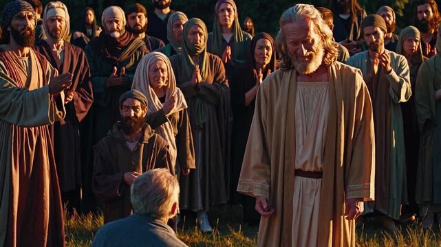 Jesus with a glowing halo heals an elderly man by laying on hands as hopeful followers gather in warm sunlight, conveying faith, compassion, and spiritual renewal
