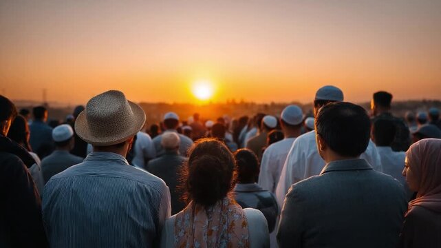 Community Sunset Vigil: A collective of individuals, diverse in their backgrounds, stands united in shared observation, looking toward the sunset horizon, symbolising hope. 