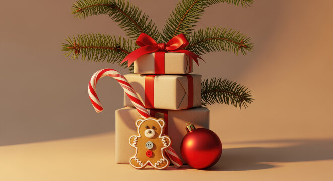 Festive christmas composition with wrapped gifts candy cane gingerbread cookie red bauble and evergreen branches in warm light