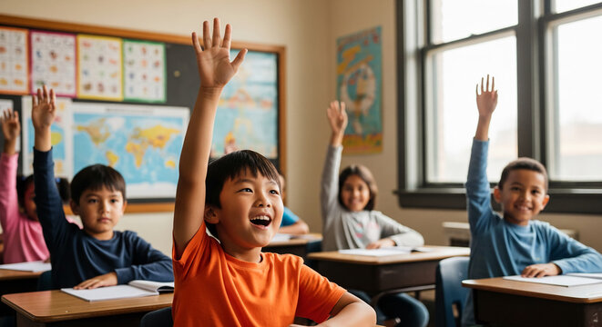 Several children with raised arms in classroom, seated at desks. Represents education, participation, and eagerness in academic environment