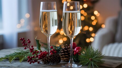 Elegant Champagne Toast Celebration with Christmas Tree Bokeh Background Image