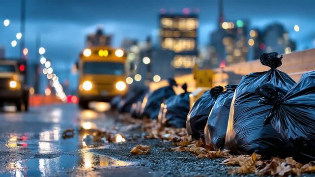 Urban Waste Accumulation: Black garbage bags line a city street, hinting at environmental and societal concerns amidst an urban landscape. A blurred background adds a sense of movement.