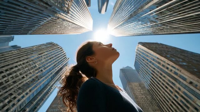 Urban Dreamer: A woman gazes upwards, dwarfed by towering skyscrapers. The sun, a beacon of hope, illuminates the scene, symbolizing ambition and endless possibility.