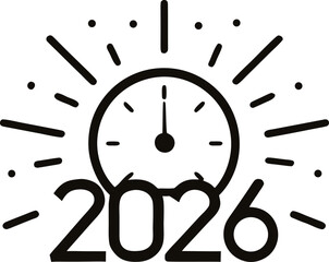 big glowing clock showing 11-59-fireworks behind silhouette   vector on white background 