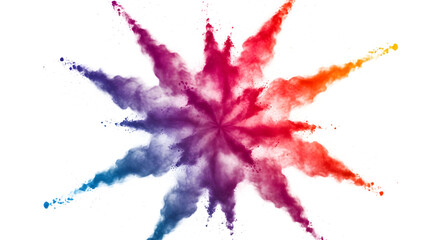 Colorful powder explosion in starburst pattern with white particles isolated on a transparent background
