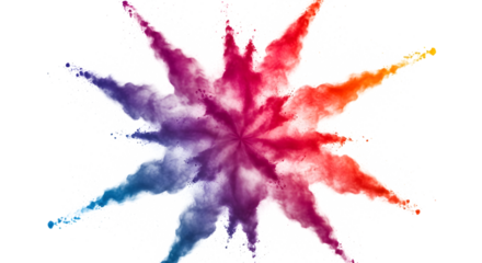 Colorful powder explosion in starburst pattern with white particles isolated on a transparent background