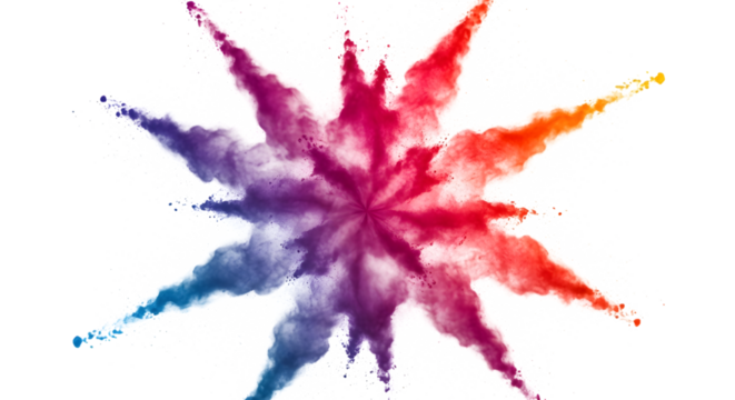 Colorful powder explosion in starburst pattern with white particles isolated on a transparent background - Powered by Adobe