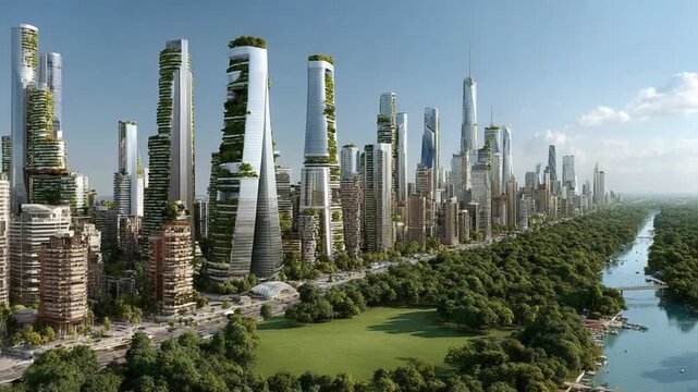 Eco-City of Tomorrow: An awe-inspiring panorama unveils a visionary cityscape of the future, where sleek, verdant skyscrapers harmonize with a vibrant natural environment.