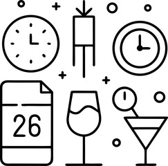Clean line icons fireworks champagne  calendar vector on white background 