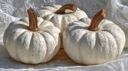 Three white pumpkins with stems on beige cloth, ideal for Thanksgiving, autumn harvest, festive fall theme, cozy holiday decor, traditional seasonal symbol, elegant gourd arrangement