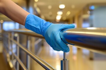 Adult hand wearing blue gloves holds railing in a hospital corridor