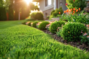 Fototapeta premium Beautiful garden with vibrant flowers and lush grass