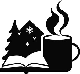 cup of coffee with book cozy winter scene vector silhouette  on white background 