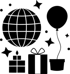 Disco ball balloons gift boxes confetti  silhouette vector on white background 