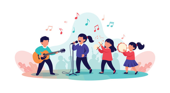 A children's band with a boy on guitar and girls singing and playing percussion performs for an audience on stage.