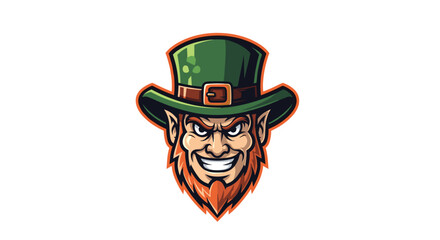 Sinister leprechaun mascot with a wicked grin and angry eyes wears a green top hat for a sports team logo design.