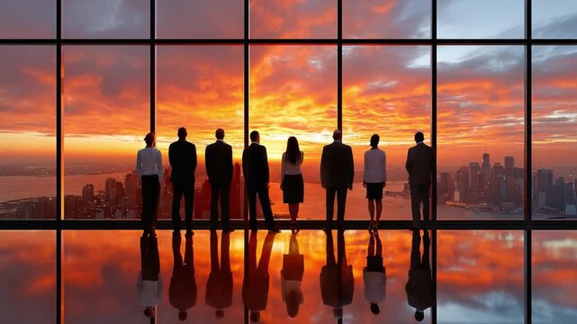 Visionary Outlook: A group of professionals gazes towards a cityscape, the silhouette a dramatic contrast against the fiery hues of a sunset, symbolizing ambition and prospect