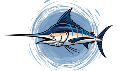 Dynamic blue marlin fish leaps from the water with a splash creating a powerful circular emblem for a fishing logo.