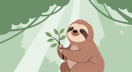 A sweet and content cartoon sloth holds a leafy branch while sitting in a gentle sunbeam shining through the jungle canopy.