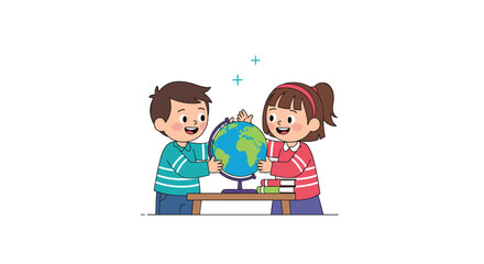 A happy boy and girl work together to explore the world by pointing at countries on a globe in a classroom setting.