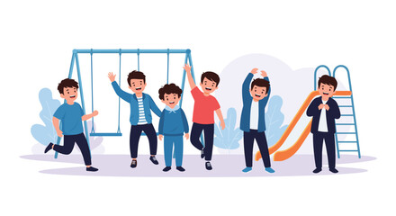 A group of diverse and happy young boys have fun playing together on a playground with swings and a slide outdoors.