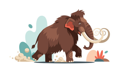 A large woolly mammoth with giant curved tusks walks through a prehistoric landscape in a stylized flat vector design.