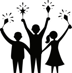 Group cheering at midnight holding sparklers and wine drinks  silhouette   on white background 