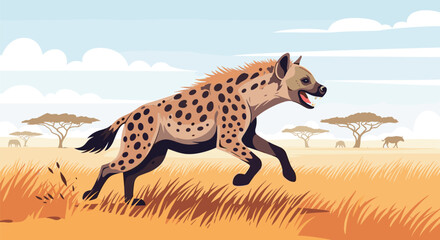 A spotted hyena with its mouth open runs swiftly across the dry grassy plains of the African savanna at sunset.