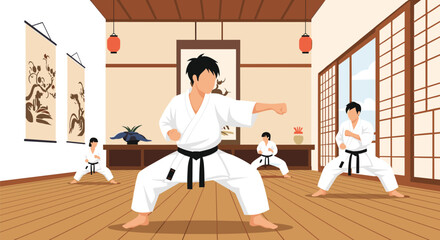 An instructor leads a karate class with students practicing martial arts stances in a traditional Japanese dojo setting.