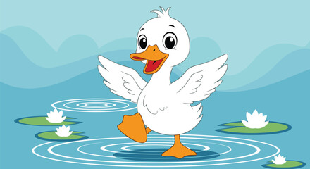 An adorable white duckling character joyfully dances on the water of a blue pond surrounded by green lily pads.