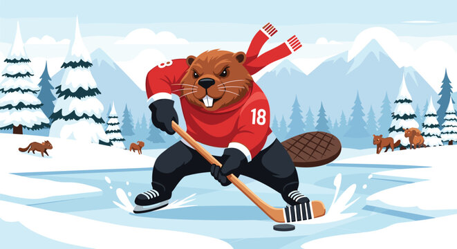 Determined beaver wearing a red hockey jersey and scarf plays ice hockey on a frozen pond in a snowy mountain scene.