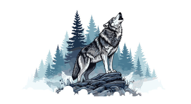 Majestic gray wolf stands on a rocky cliff and howls at the moon with a misty pine forest in the background.