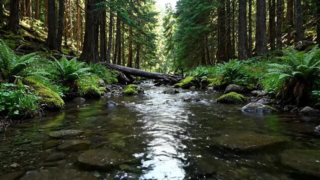 Dynamic Water Flow: Capturing the continuous, mesmerizing movement of clear water as it cascades and gurgles over natural obstacles in a pristine forest environment.