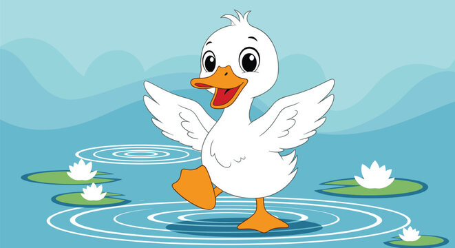 An adorable white duckling character joyfully dances on the water of a blue pond surrounded by green lily pads.