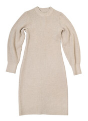 Women beige fit long sweater dress warm knitted isolated on a transparent background. PNG.