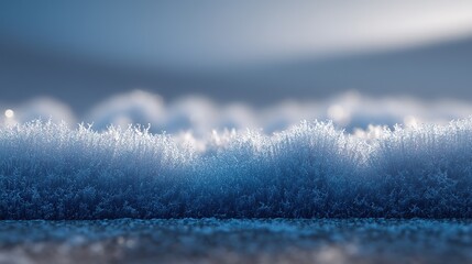 A dense cluster of slender, frost-covered plants glistens in the light against a softly blurred blue-gray background, captured in close-up to highlight the intricate details and cold