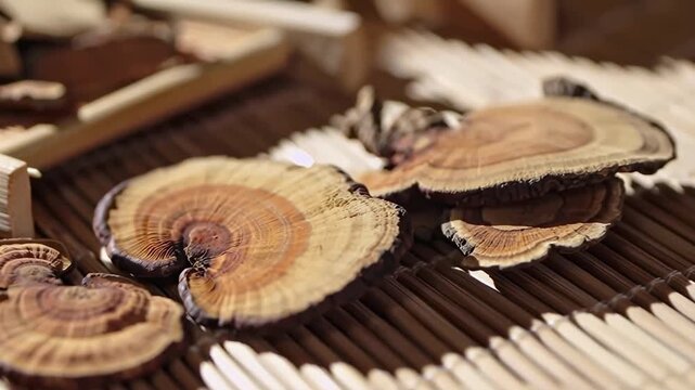 Close-up and wide shots of dried ganoderma reishi slices on bamboo trays under soft sunlight, subtle wind movement and slow panning, evoking a traditional herbal preparation mood.