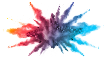 Colorful powder explosion with red orange purple and blue hues isolated on a transparent background Holi