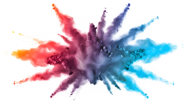 Colorful powder explosion with red orange purple and blue hues isolated on a transparent background Holi