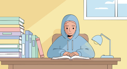 A focused student in a blue hoodie sits at a desk to study, surrounded by stacks of books.
