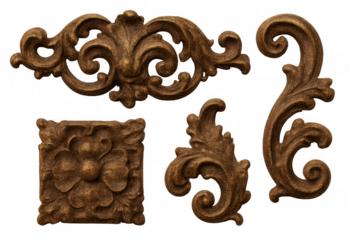 Decorative architectural wooden carvings with baroque scrollwork, vintage ornamentation, and relief details. Transparent background