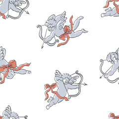 Naklejka premium Flying Cupid holding bow and aiming or shooting arrow hand drawn with contour lines on white background. God of love, Amor vector illustration. Whimsical romantic Valentine's Day seamless pattern 