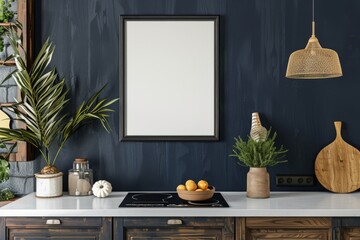 Modern kitchen decor with plants and empty frame