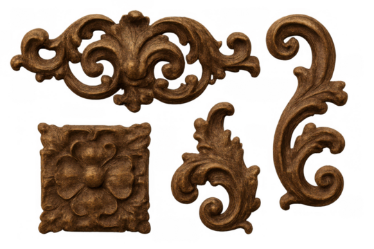 Decorative architectural wooden carvings with baroque scrollwork, vintage ornamentation, and relief details. Transparent background