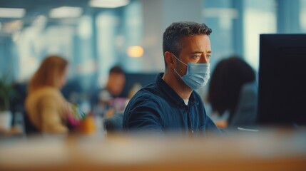 In a bright office space, a man is focused on his computer screen while working diligently at his desk. The man’s concentration reflects the collaborative energy within the office
