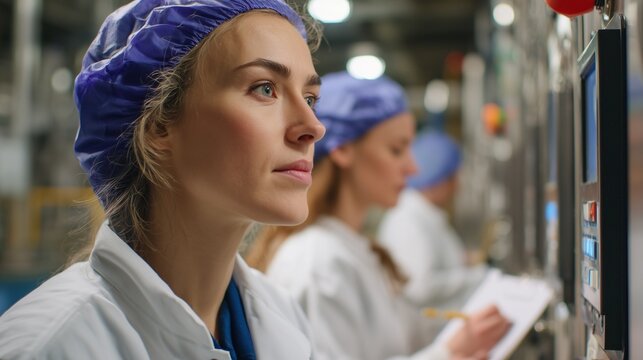 In a manufacturing environment, a woman in a white coat and hairnet closely monitors equipment settings while another woman is documenting data on a clipboard. The two women ensure