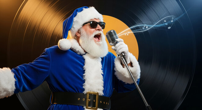 Image of a person in blue Santa suit singing to microphone against vinyl record, representing Christmas entertainment, music, festive atmosphere
