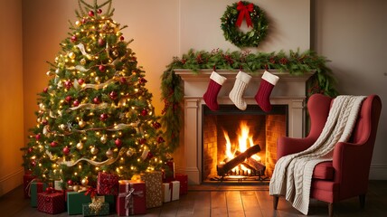 Festive Christmas living room scene with decorated tree and fireplace