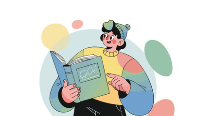 A cheerful young person in winter attire holds a book and points, possibly explaining the content.